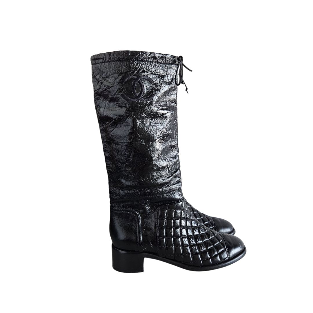Chanel Black CC Aged Leather Drawstring Ankle High Boots,size 38.5