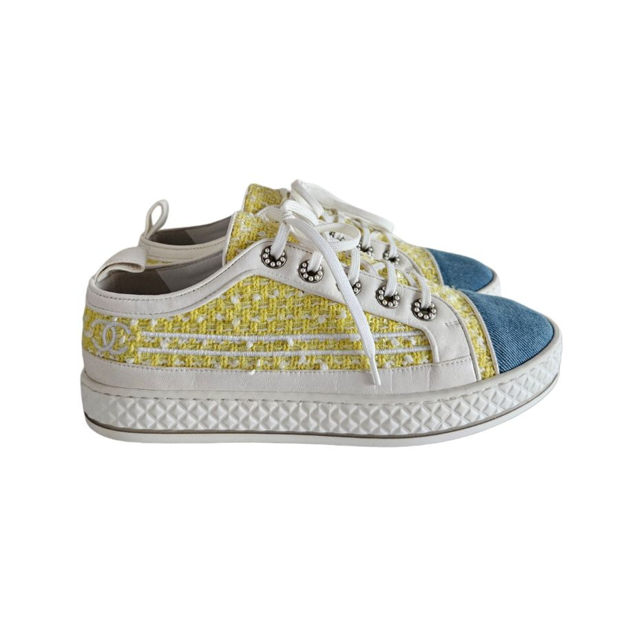 Chanel Tricolor Tweed And Denim Low Top Sneakers, size 38