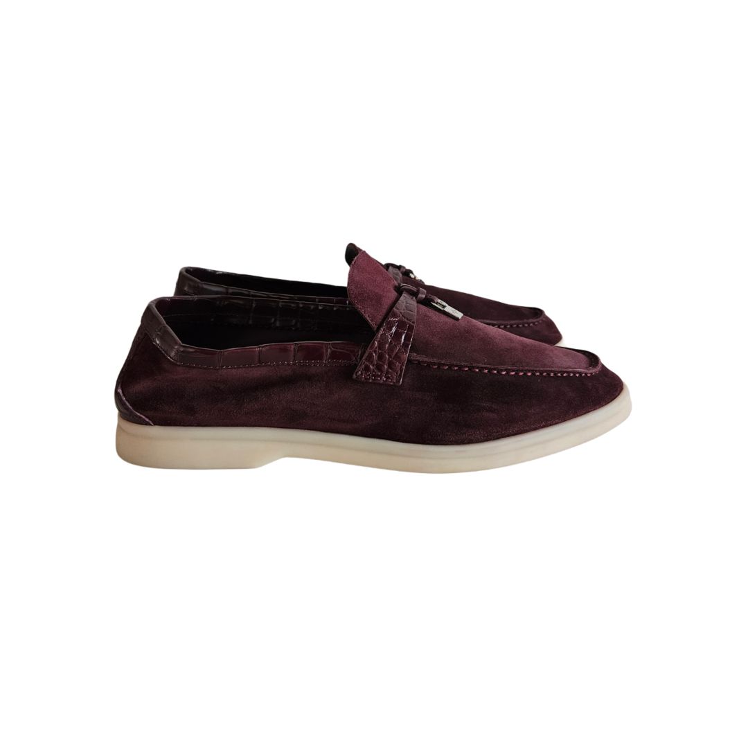 Loro Piana Burgundy Summer Charms Walk Suede With Caiman Skin Loafer, size 40
