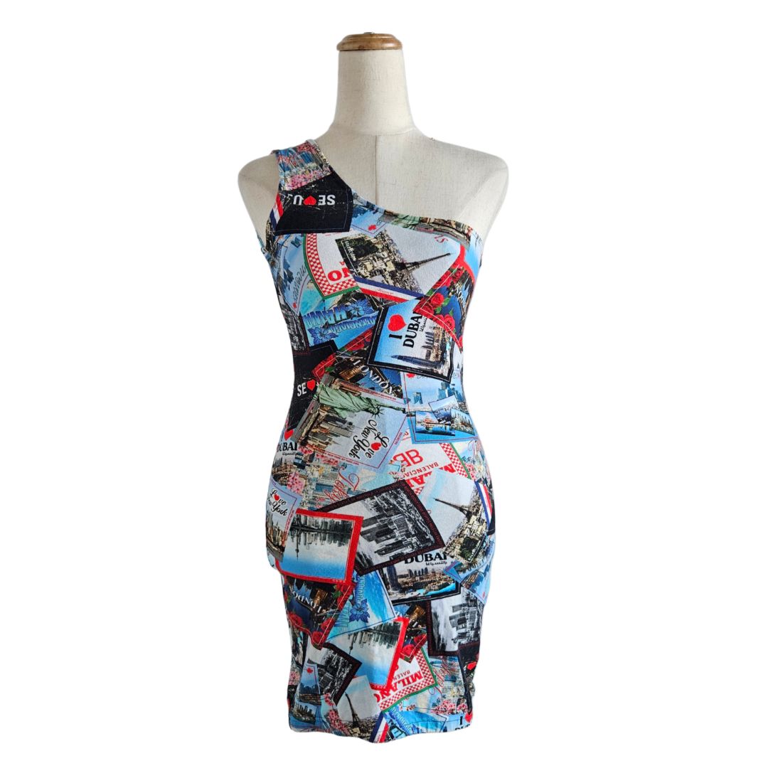 Balenciaga Multicolor Printed One Shoulder Mini Dress