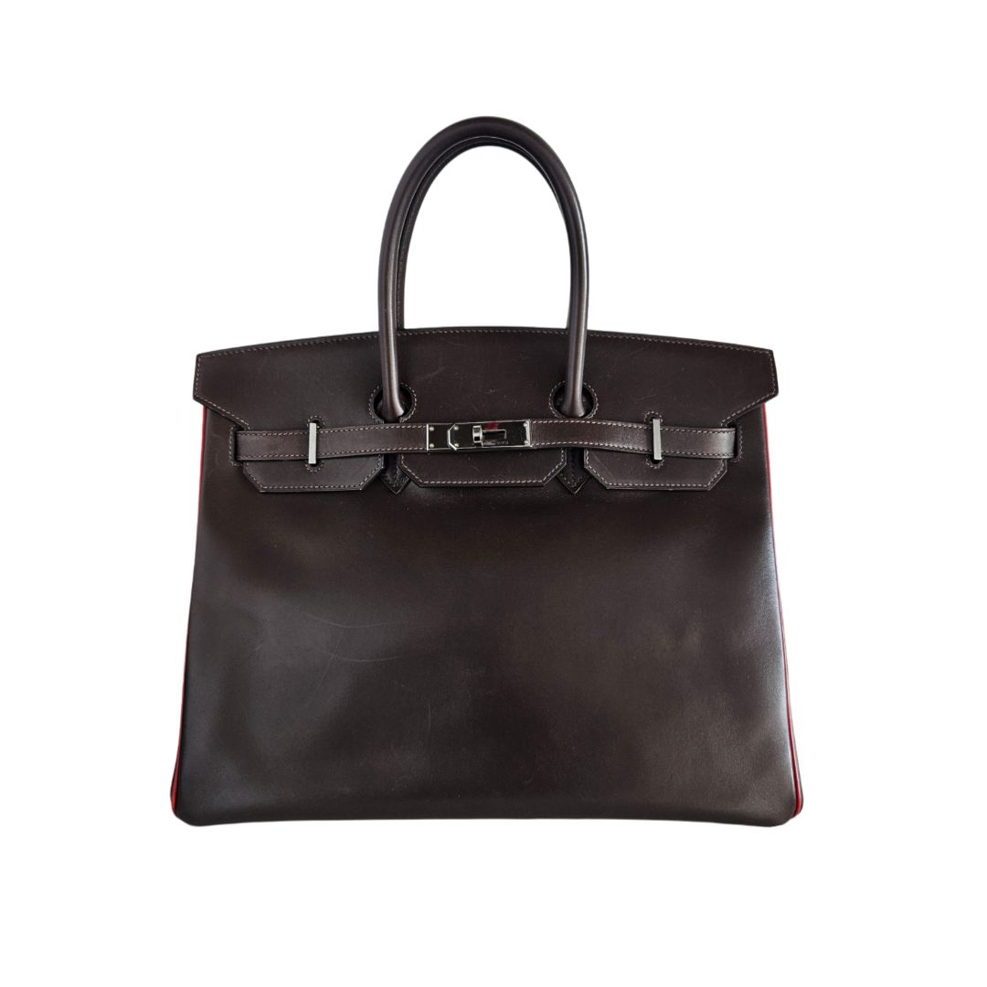 Hermès Birkin 35 Box Leather Carf Ebene Rouge VIF Purse (Bicolor)