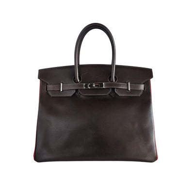 Hermès Birkin 35 Box Leather Carf Ebene Rouge VIF Purse (Bicolor)