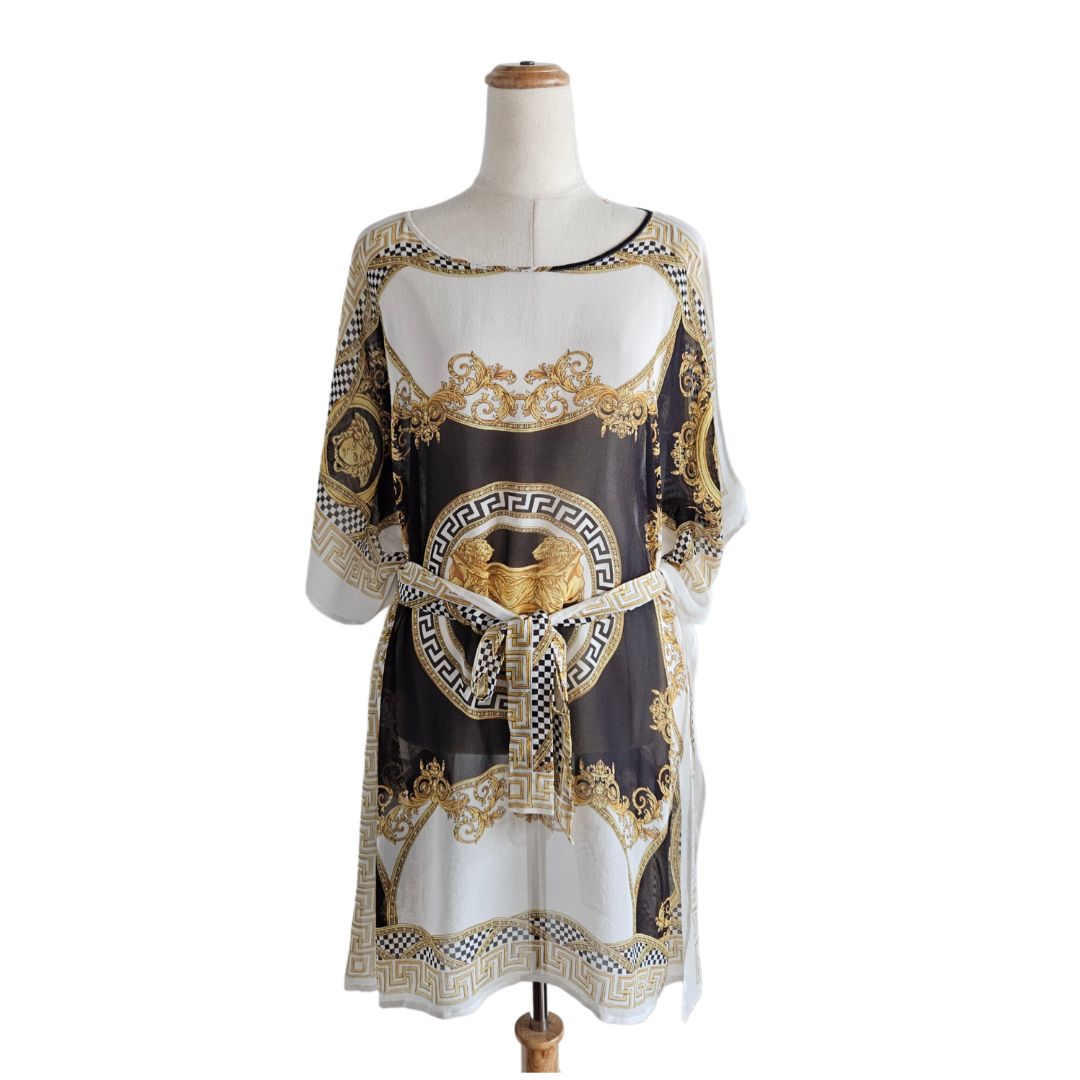 Versace Tricolor Printed Cut Out Belted Poncho Dress