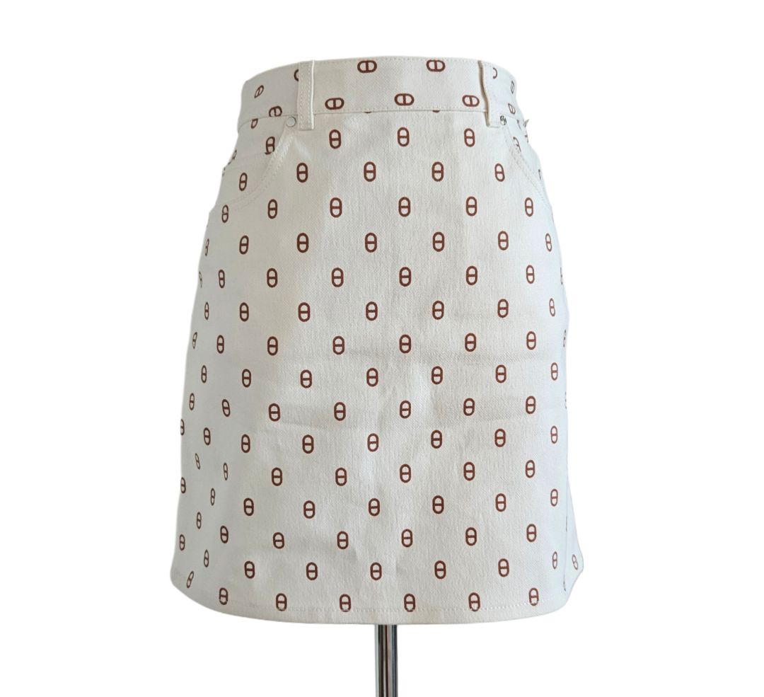 Hermes White/Brown Printed Chaine d'Ancre Denim Short Skirt