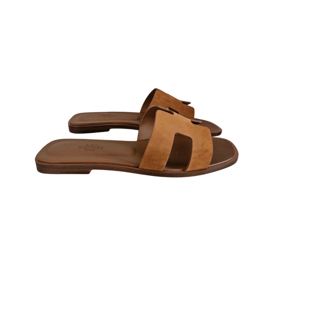 Hermes Brown Suede & Leather Oran Flat Sandal, size 37.5
