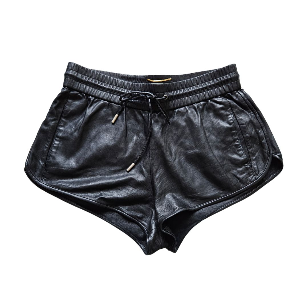 Saint Laurent Black Leather Draw String Short