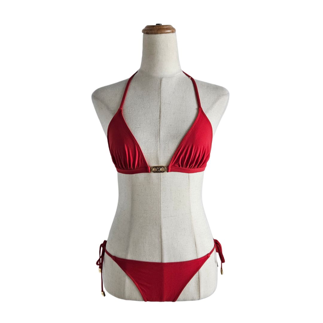 Celine Red Triomphe Logo Two Piece Swimsuit