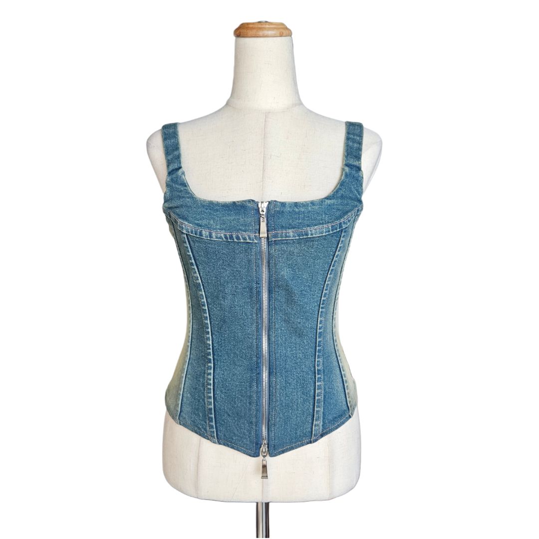 EB Denim Blue Sleeveless Zip Denim Wash Corset Top