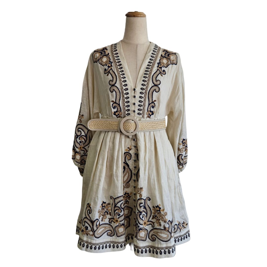 Zimmermann Beige/Navy Embroidered Belted Long Sleeve Dress