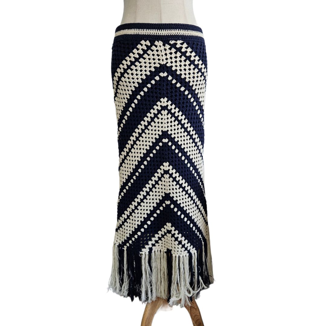 Zimmermann Navy & Beige Fringed Crochet Skirt