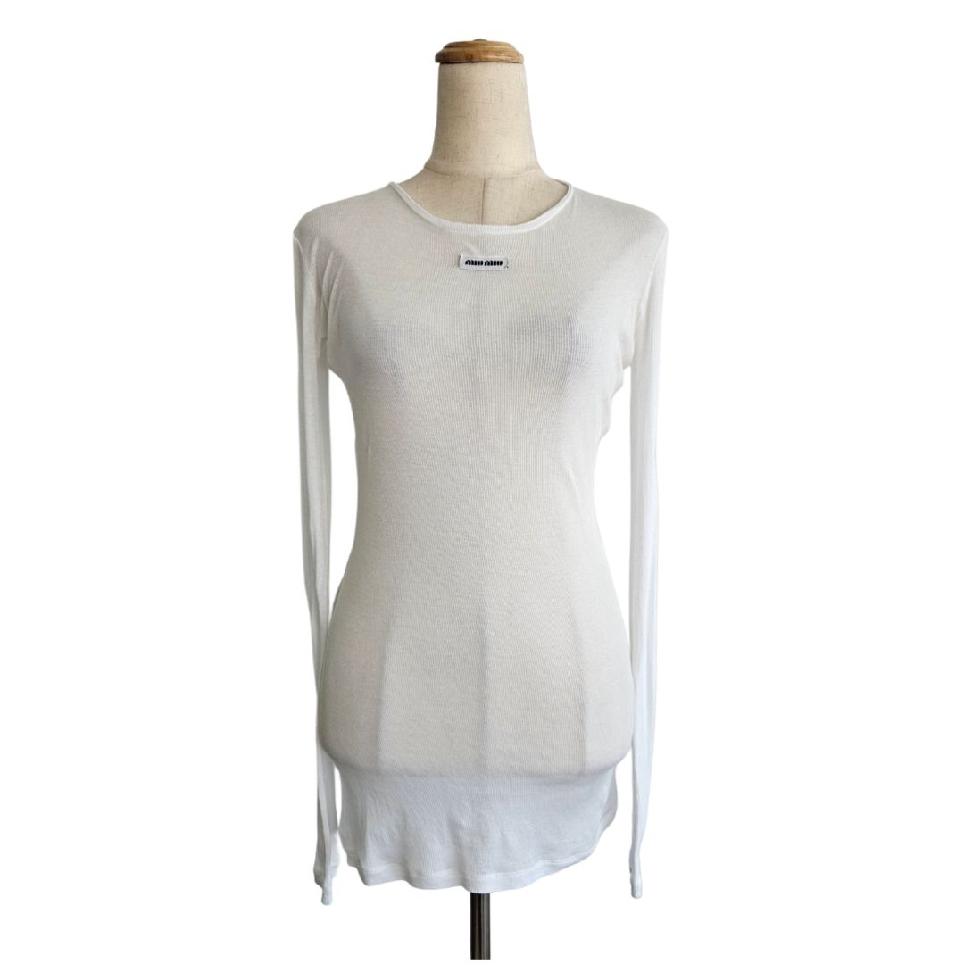 Miu Miu Ribbed Knit Jersey White Long Sleeve Top - BOPF | Business