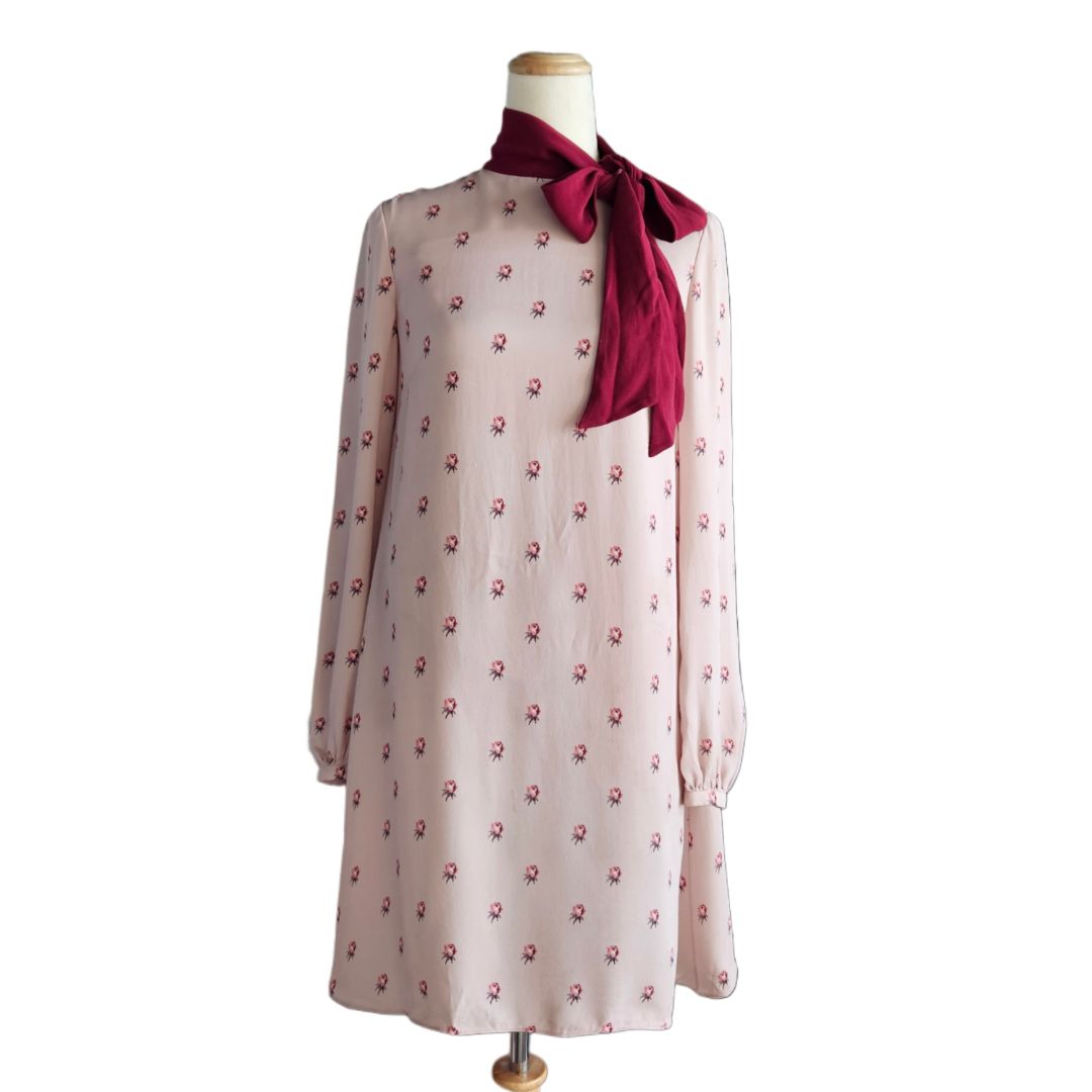 Velentino Pink/Maroon Rose Print Neck Tie Long Sleeve Midi Dress