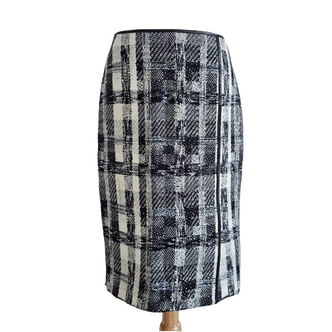 Lafayette 148 Black/White Checkered With Leather Trim Midi Skirt