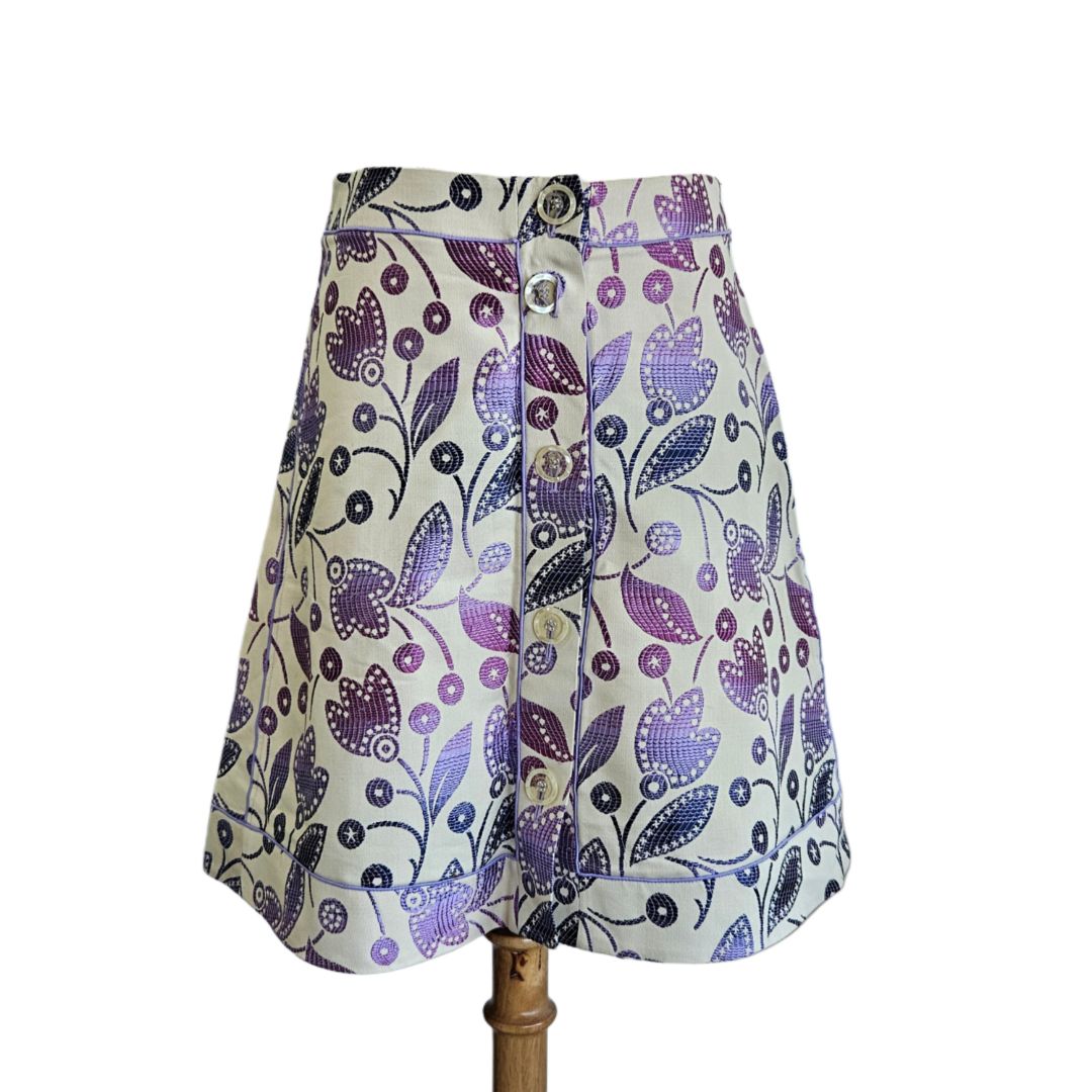 Salvatore Ferragamo Purple/Cream Gradient Floral Print With Large Buttons A-Line Skirt