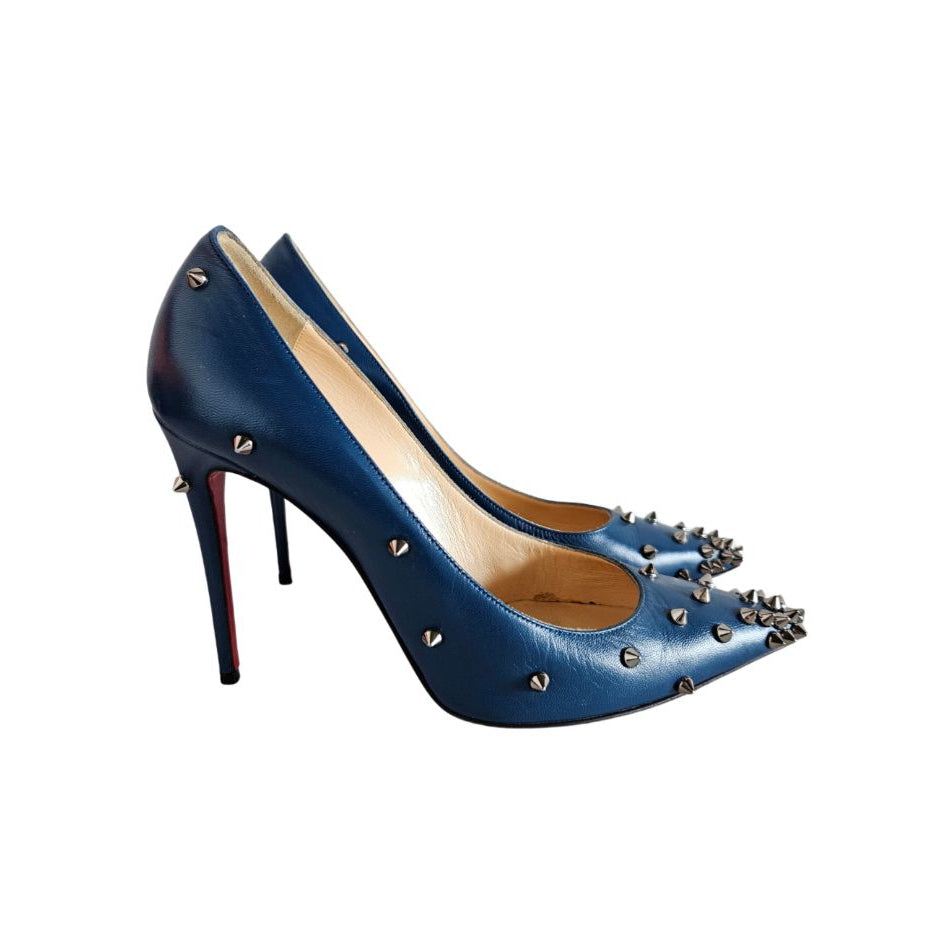 Christian Louboutin Navy Blue Leather Degraspike Pointed Toe Pumps, size 37.5