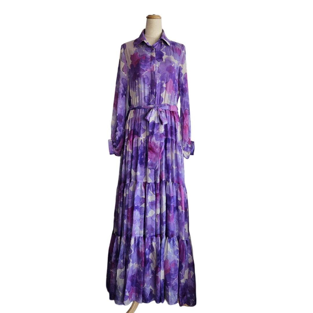 Carolina Herrera Tricolor Long Sleeve Belted Flared Long Dress