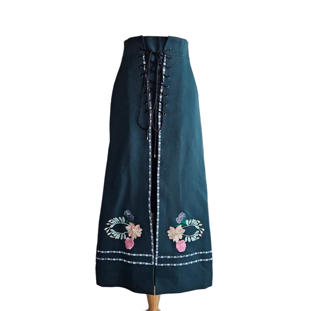 Vilshenko Dark Green With Embroidered Flower Draw String Midi Skirt