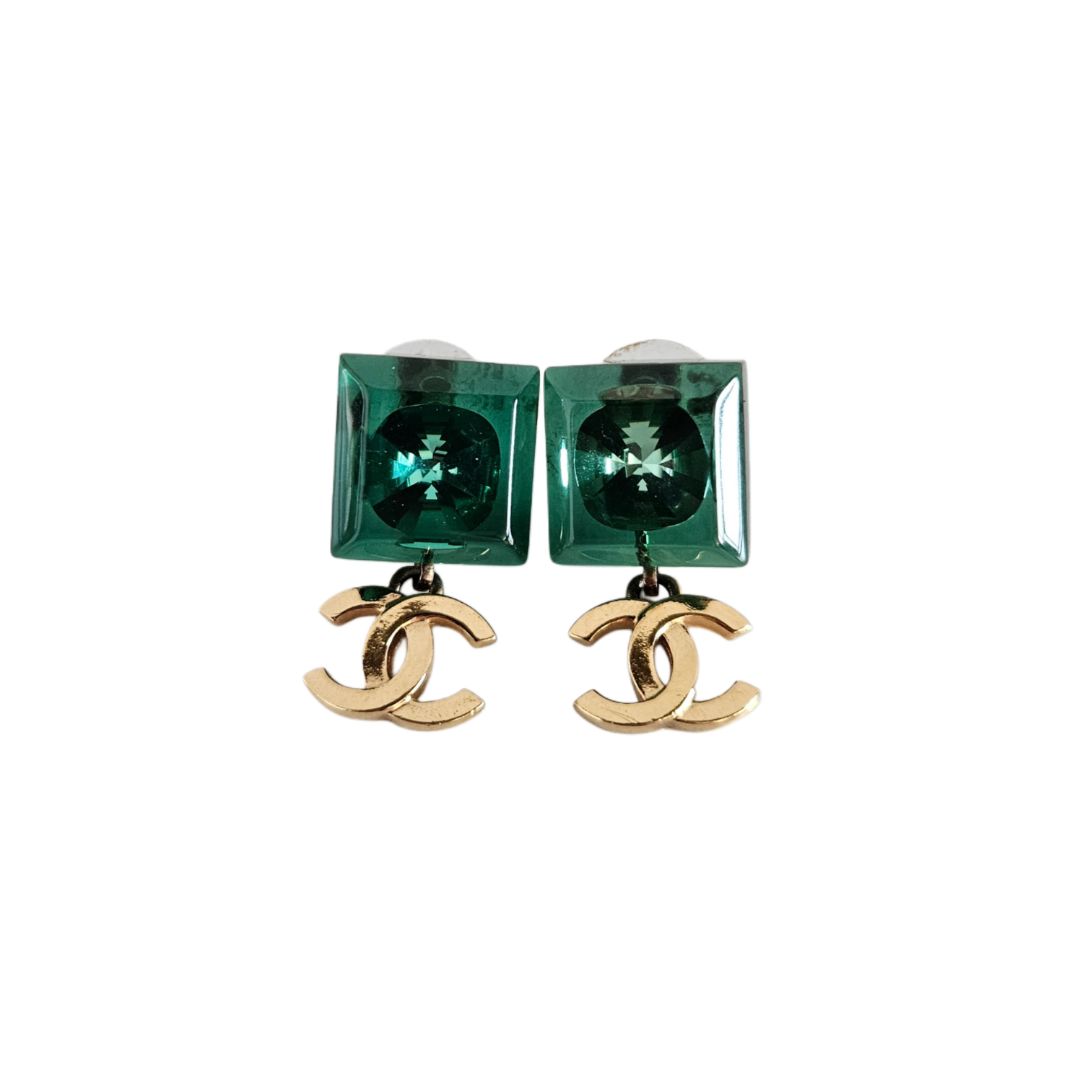 Chanel Green Cube CC Dangle Earrings