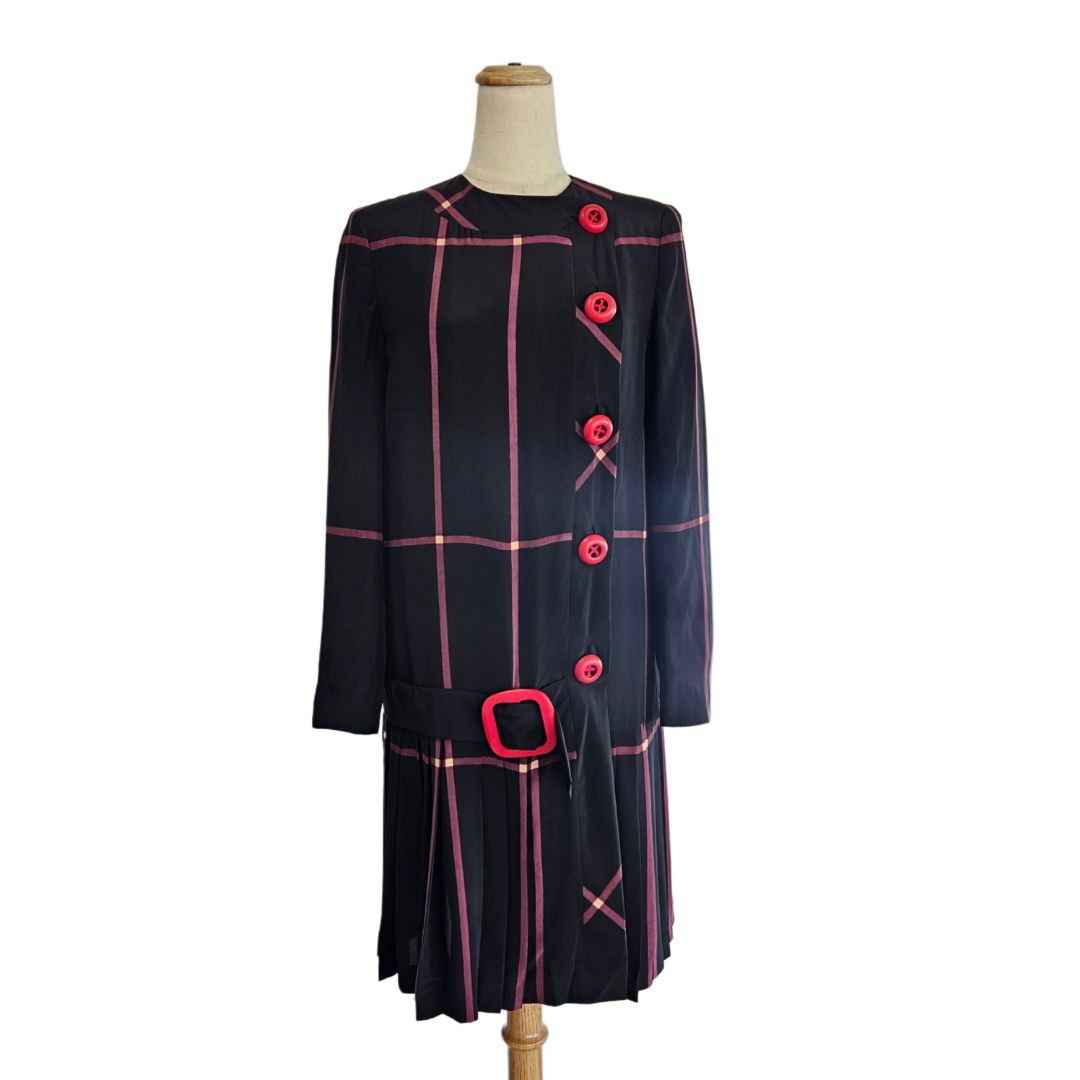 Prada Black Striped Pleated With Big Button Midi Long Sleeve Dress