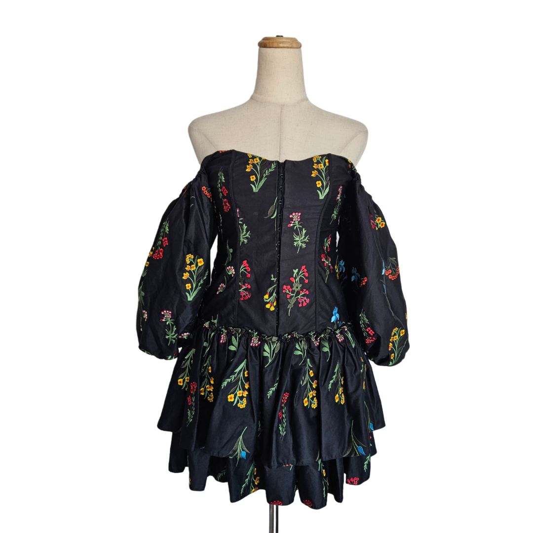 Caroline Constas Black Baloon Off Shoulder Sleeve With Embroidered Flowers Mini Dress