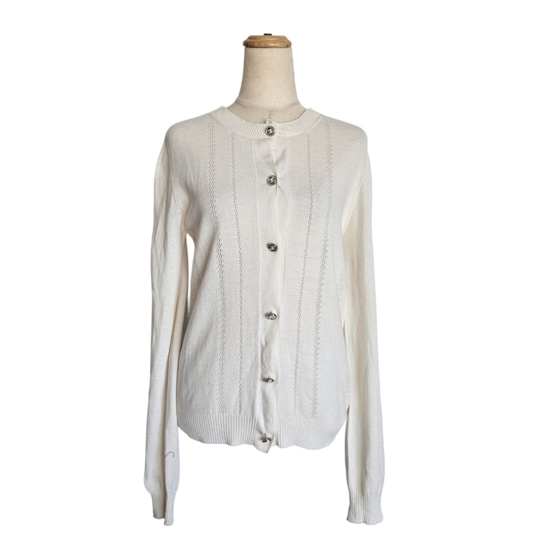 Chanel White Button Up With Silver Buttons Wool Cardigan