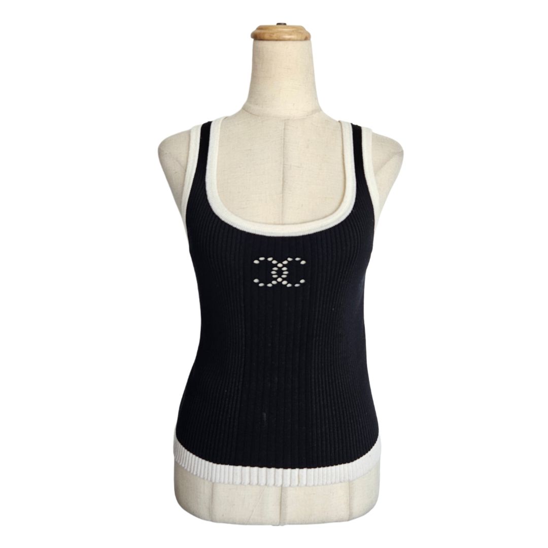 Chanel 22B Knit Sleeveless Top Vest Black & White CC Logo Tank