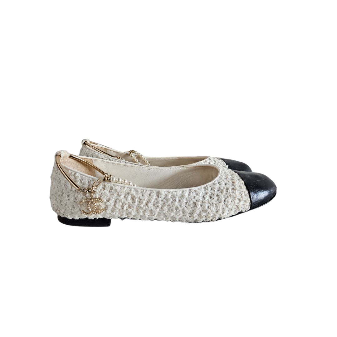 Chanel White Mary Jane With Pearl aAnkle Strap Ballerina Flat, size 40.5