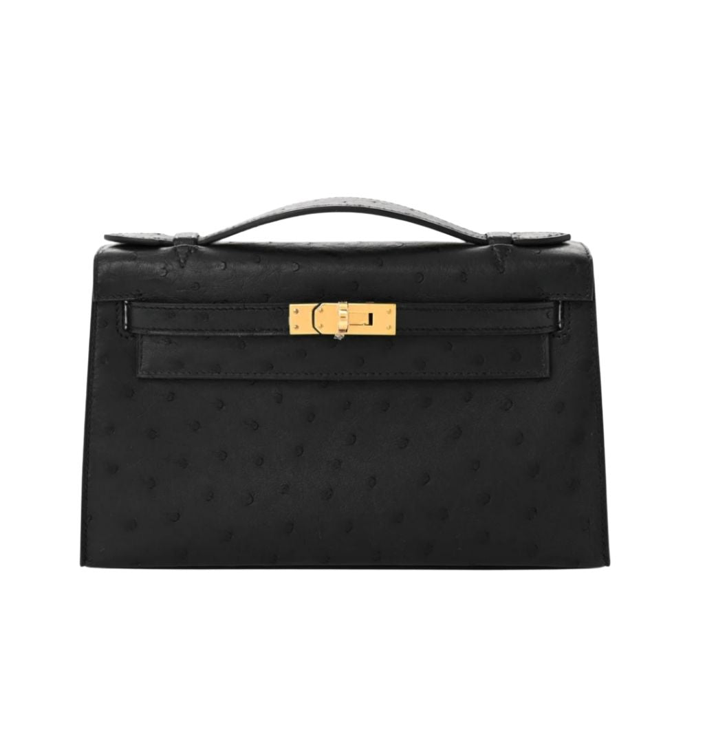 Hermes Noir Ostrich Leather GHW Kelly Pochette