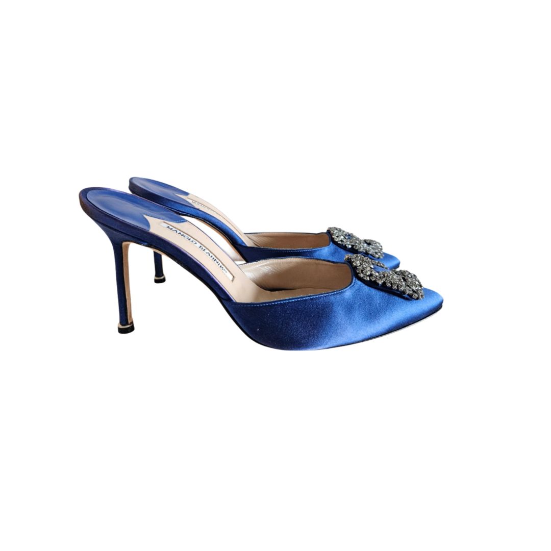 Manolo Blahnik Blue Satin Hangisi Mules, Size 40.5