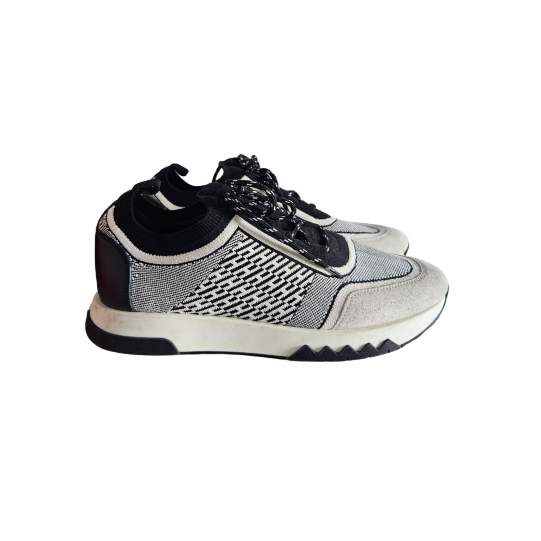 Hermes Black/White Suede & Knit Fabric Addict Sneakers, Size 39