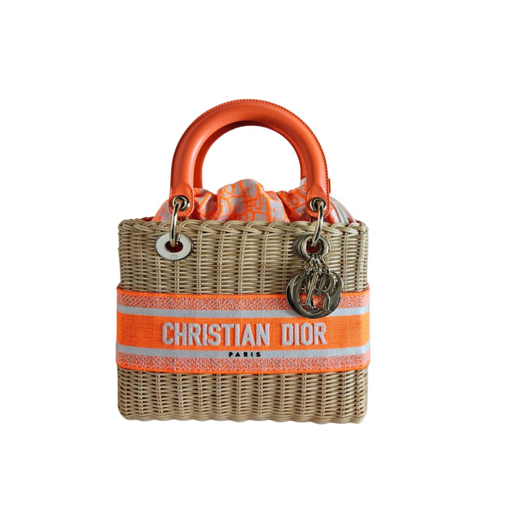 Christian Dior Orange Lady Dior Natural Wicker Medium Bag