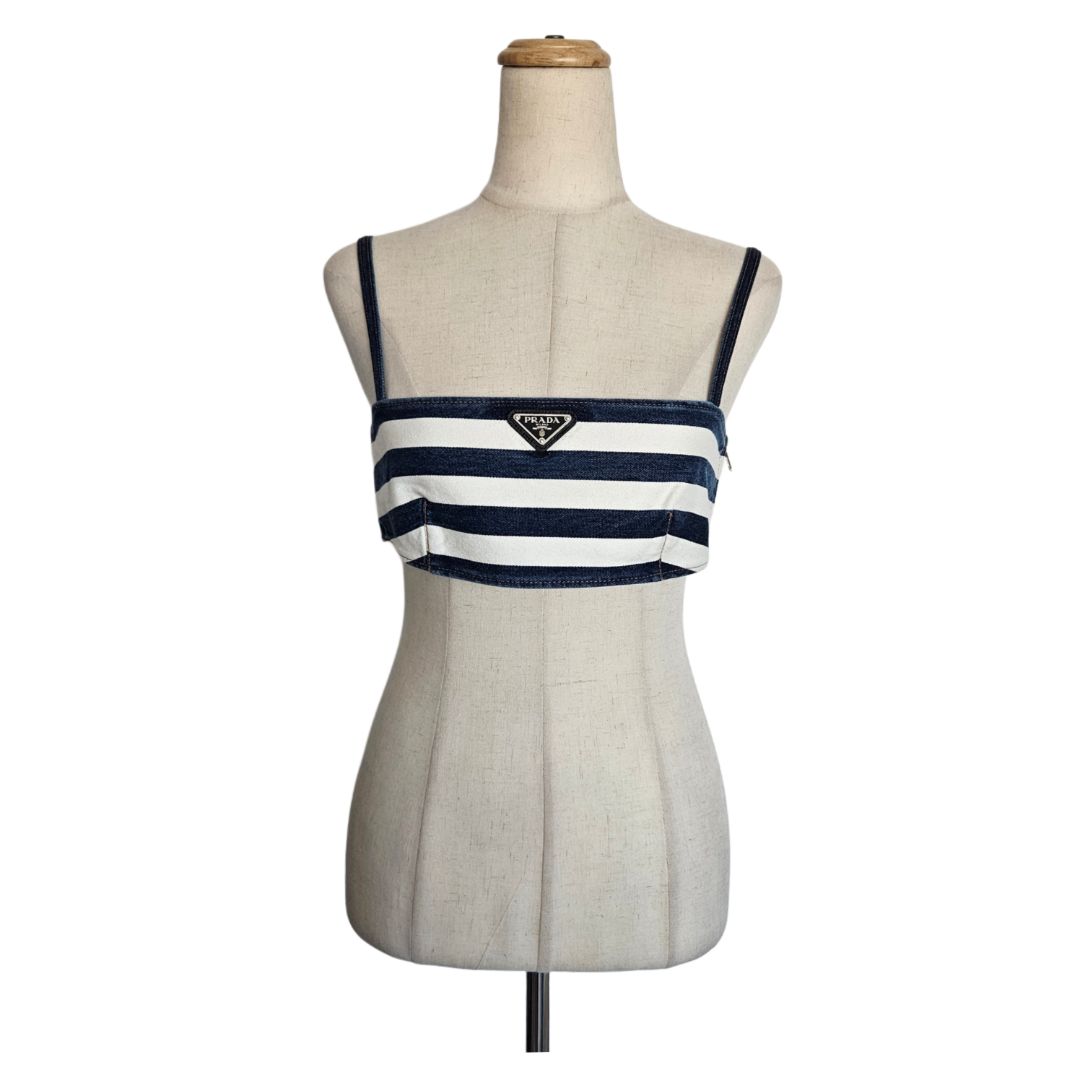 Prada Blue & White Stripped Denim logo Plaque Cropped Top