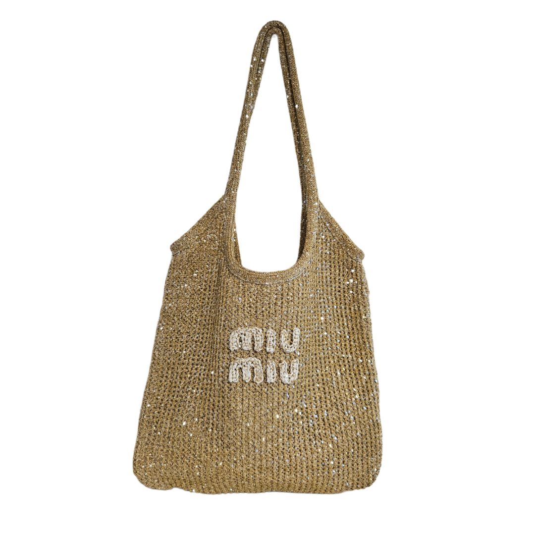 Miu Miu Light Gold Ivy Mesh & Sequins Tote Shoulder Bag