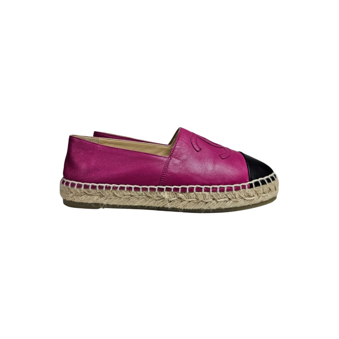 Chanel Fuchsia/Black Leather CC Espadrilles, Size 37