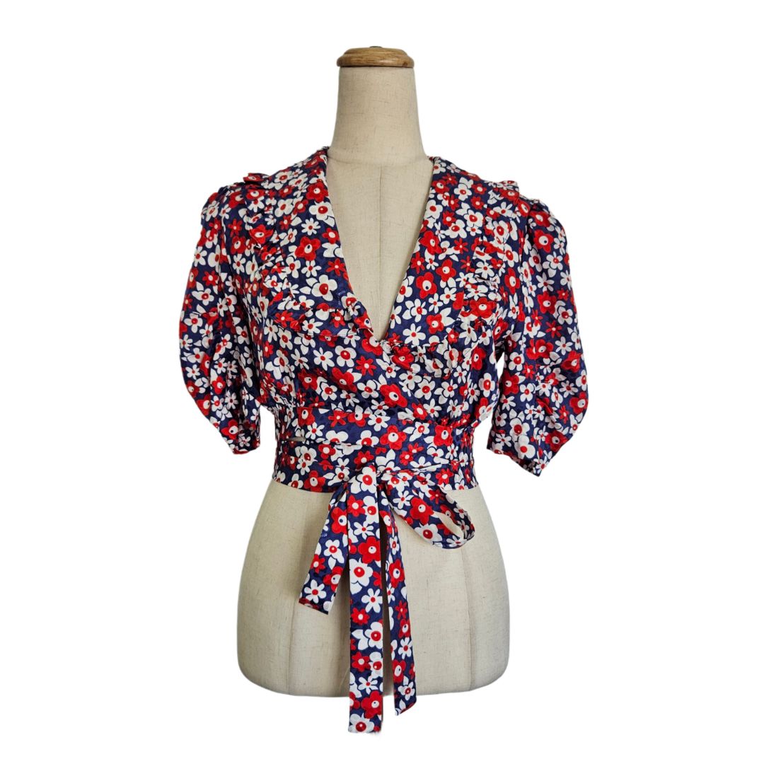 Miu Miu Tricolor Floral Print Tie Cropped Top
