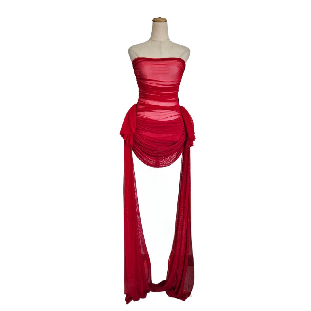 Norma Kamali Red Strapless Bill Pickleball With Bow Mini Dress
