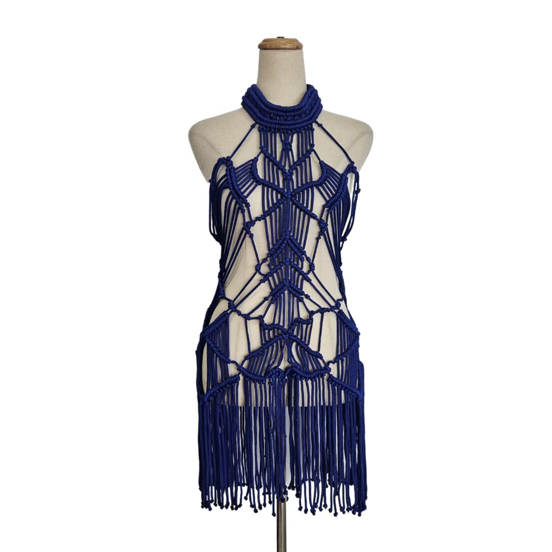 Karima Royal Blue Crochet Fringe Mini Dress