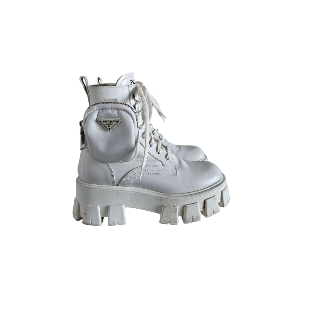 Prada White Leather & Nylon Monolith Combat Boots, Size 38