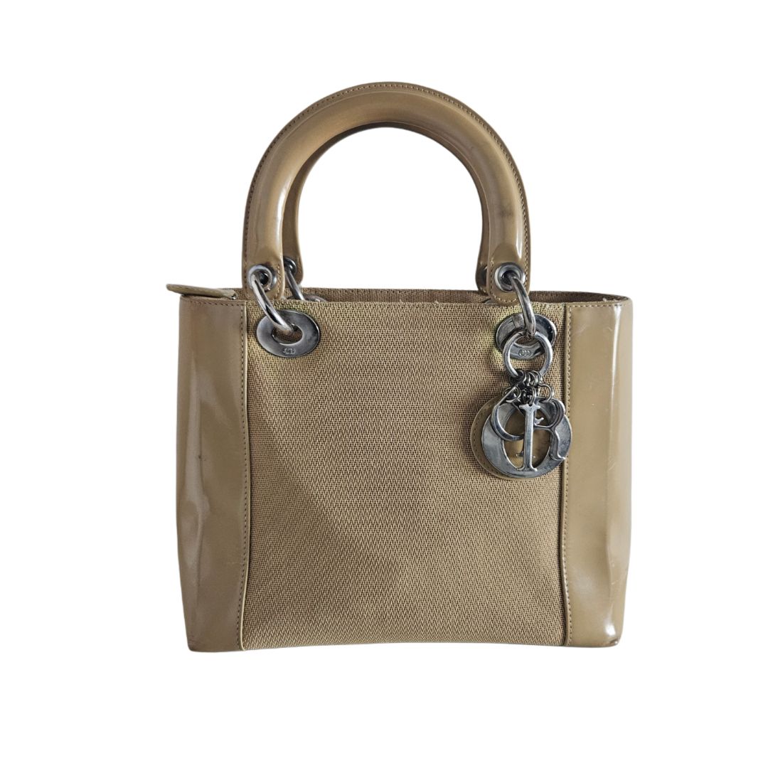 Christian Dior Beige Canvas & Patent Leather Lady Dior Vintage 1999 John Galliano Bag