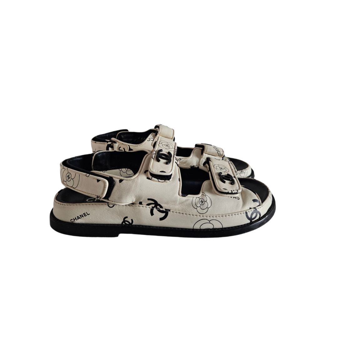 Chanel White & Black CC Leather Dad Flat Sandal, size 38