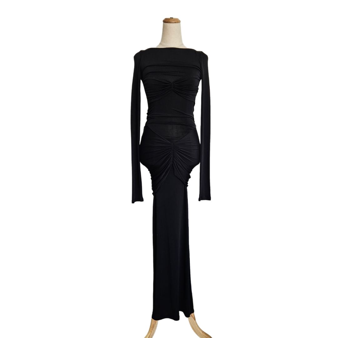 Helsa Black Long Sleeve Pleats Midi Detail Front Dress - BOPF