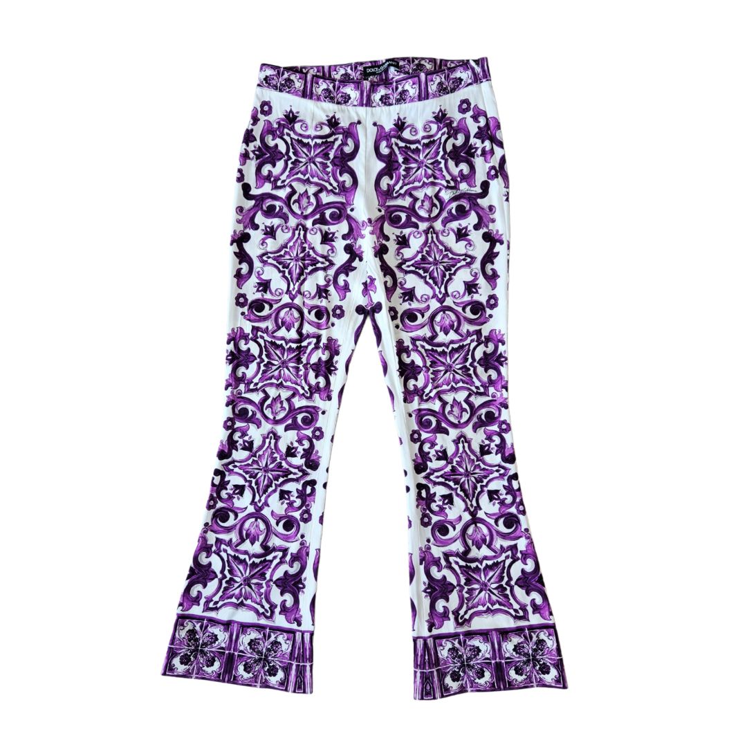 Dolce & Gabbana Purple & White Majolica Print Silk Trouser