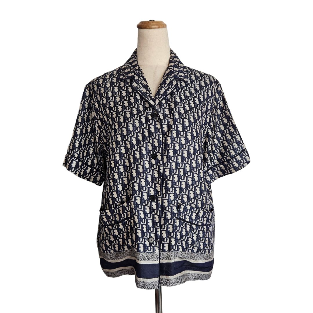 Dior Navy Blue Oblique Print Silk Shortsleeve Shirt