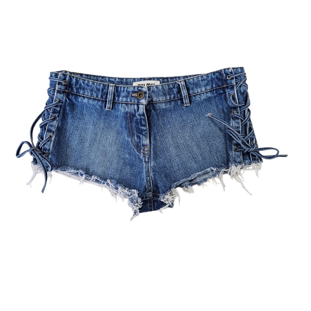 Miu Miu Blue Dneim Mini Fringe Lace Up Shortsa