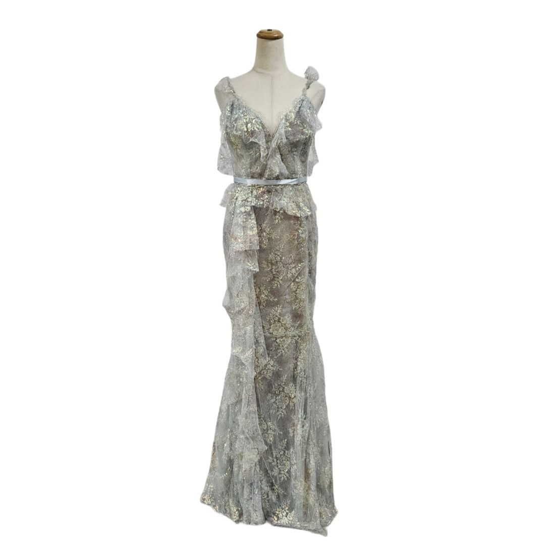 Marchesca Beige Metallic Sleeveless  Lace Floral Maxi Dress