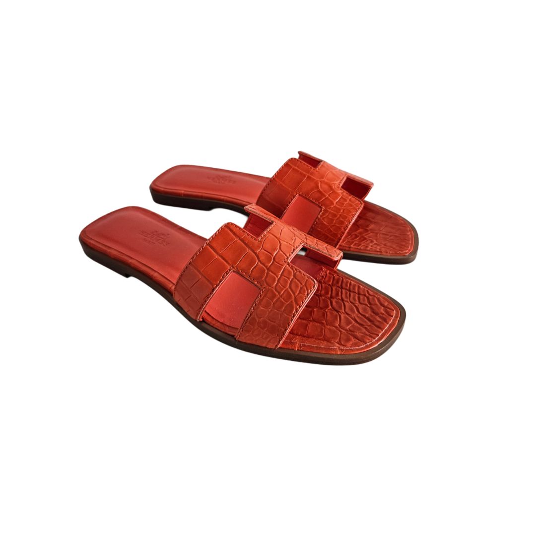 Hermes Orange Croc Leather Oran Sandal, Size 37