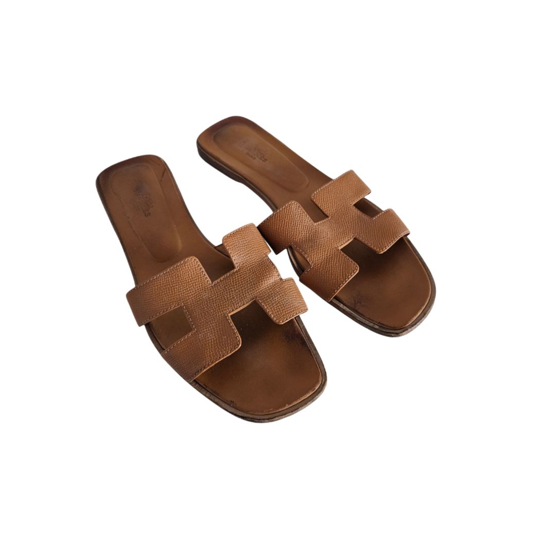 Hermès Brown Epsom Oran Sandals, Size 41