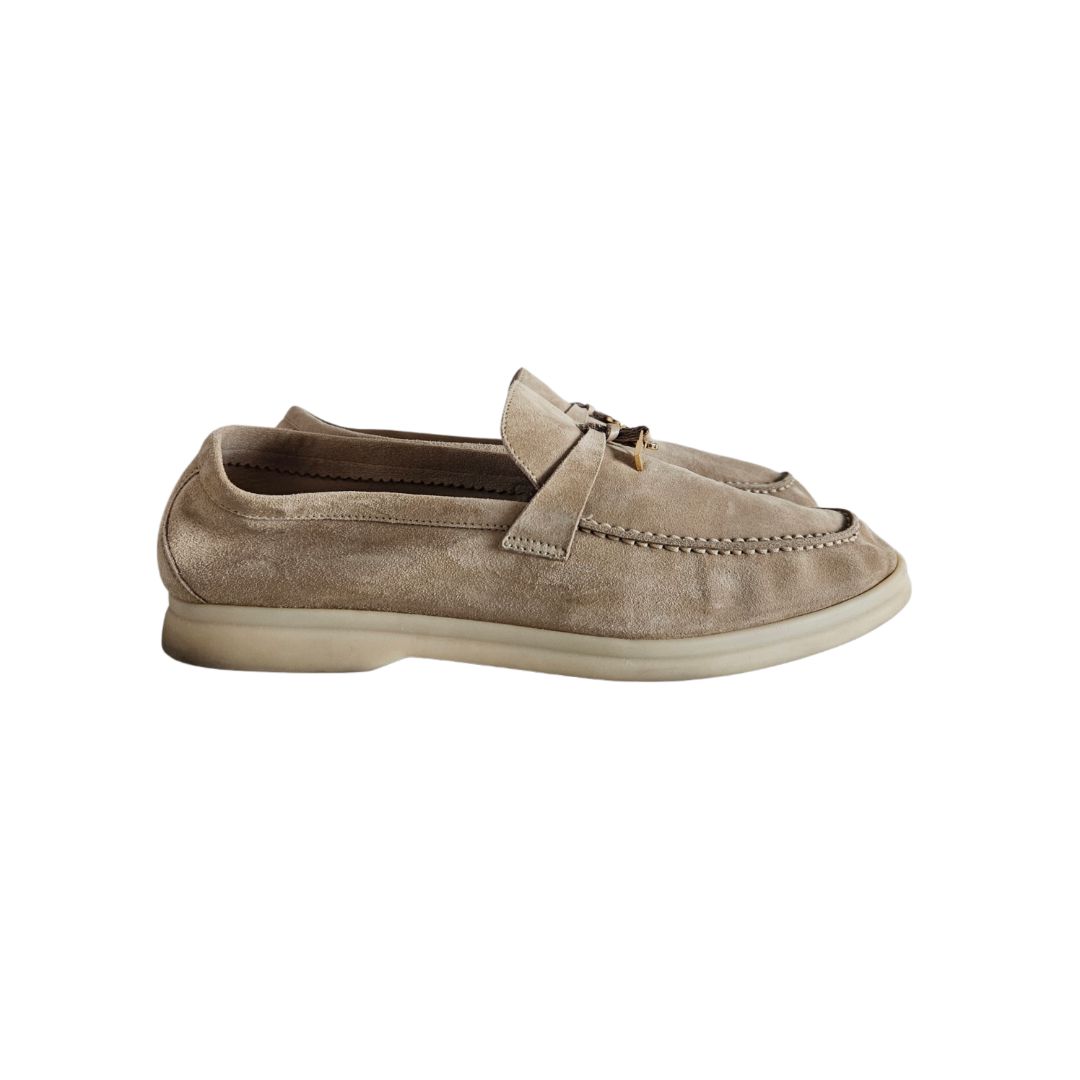 Loro Piana Summer Charms Walk  Beige Suede Slip On Loafers, Size 40
