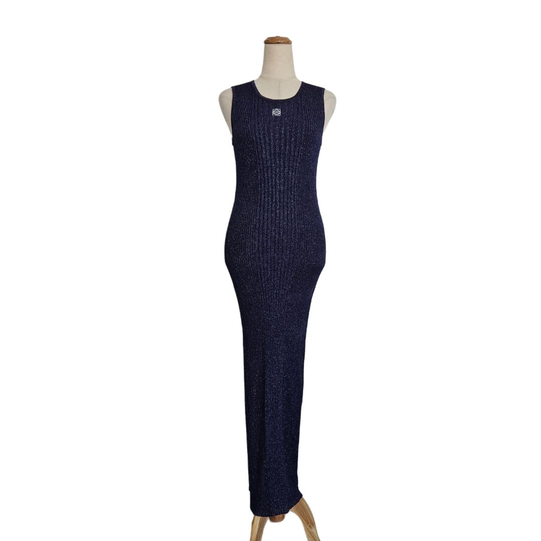 Loewe Navy Glittery Maxi Stretch Knit with Anagram Dress