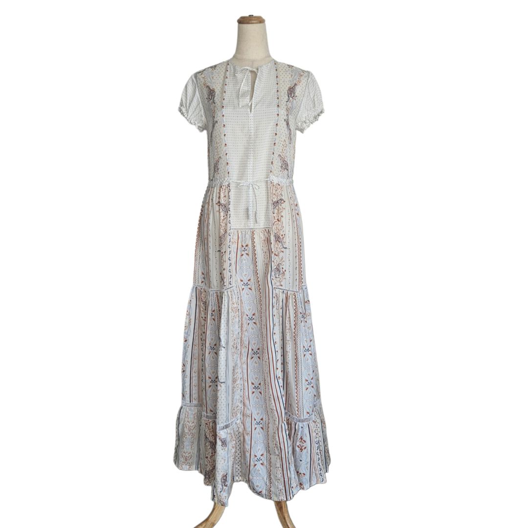 Hermes White/ Multicolor Printed Silk Short Sleeve Maxi Dress